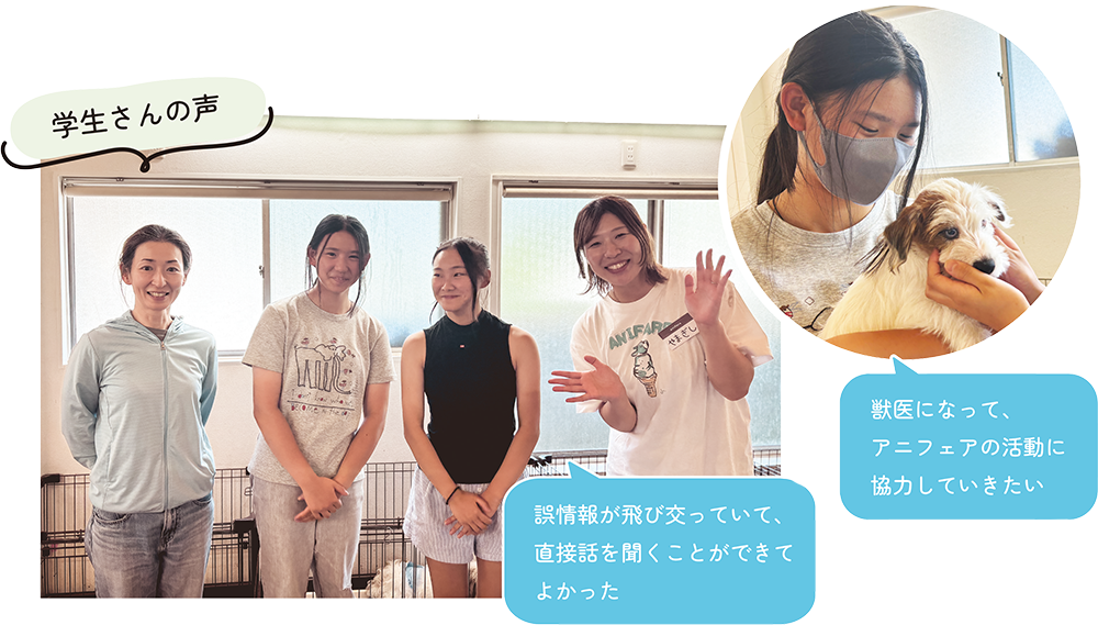 学生さんの声「誤情報が飛び交っていて、直接話を聞くことができてよかった」「獣医になって、アニフェアの活動に協力していきたい」